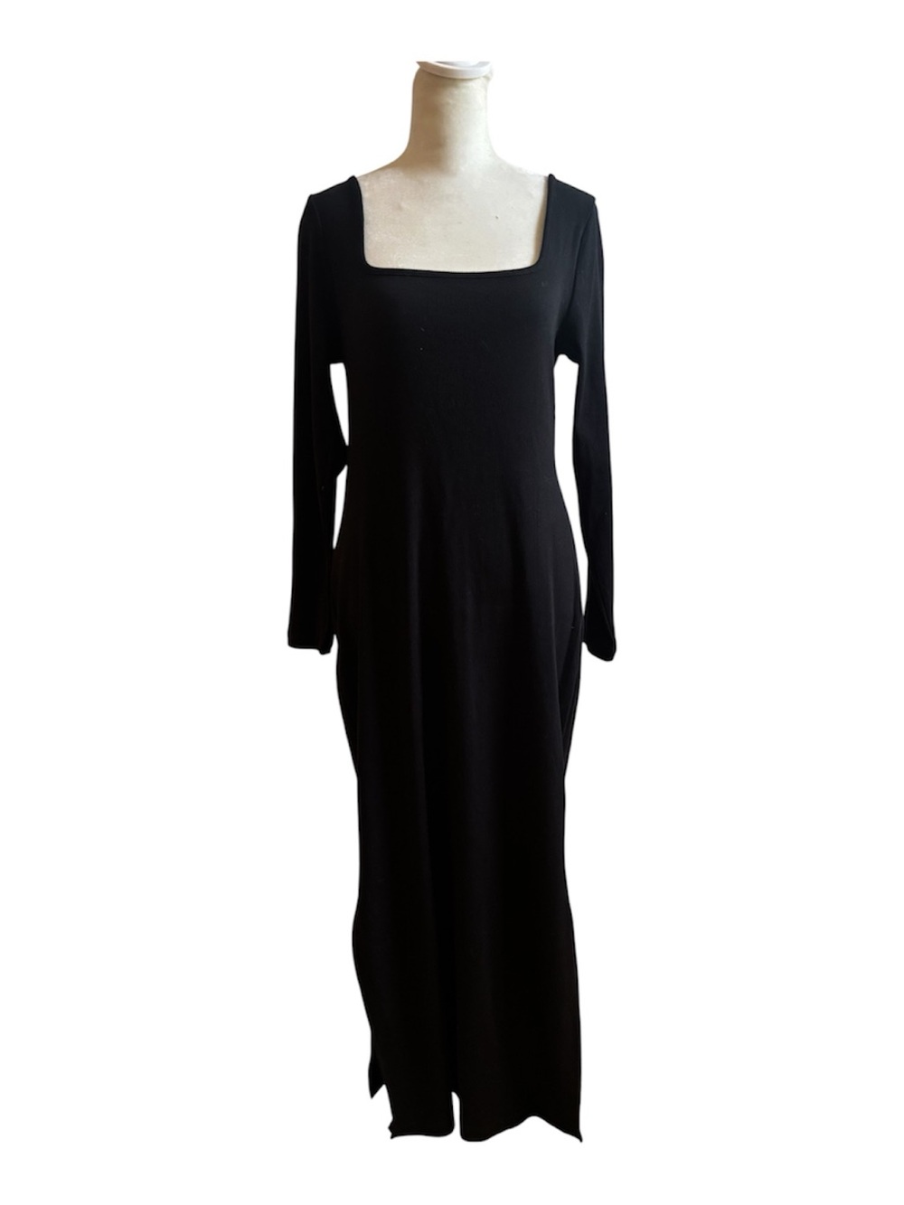 Classic Black Bodycon Long-Sleeve Square Neck Slitted Maxi Dress Size L